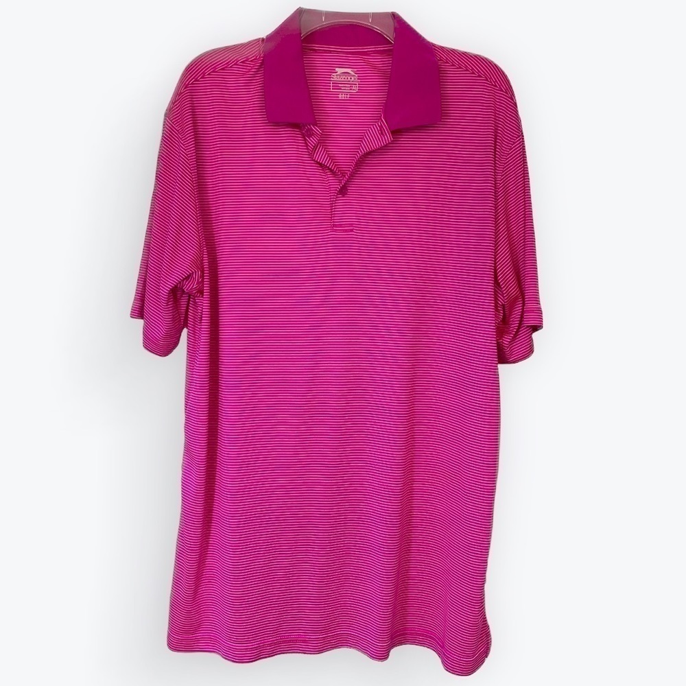 Highlighter Pink & White stripe short sleeve polo golf shirt athletic wear XL